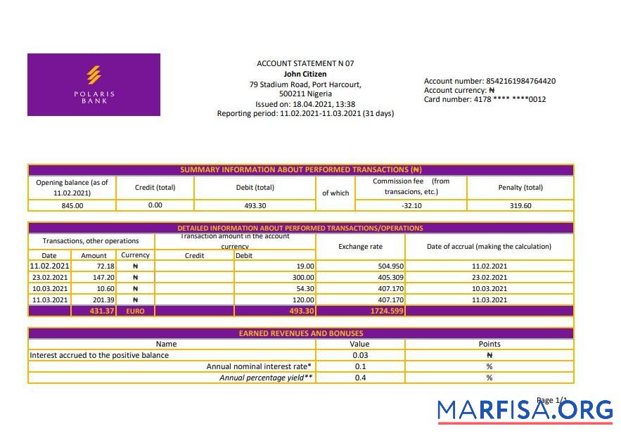 Realistic Nigeria Polaris bank statement excel sample